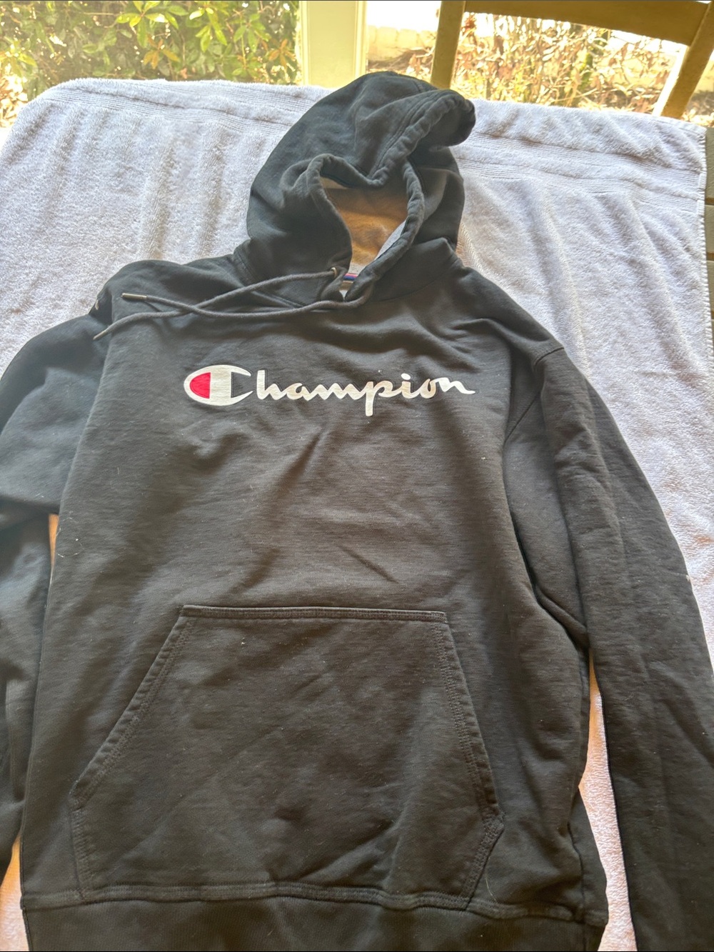 Champion Black Pullover Hoodie with White Script and Red Crest